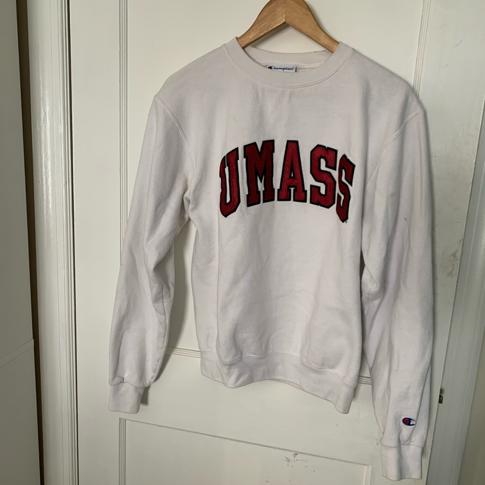 White Embroidered UMass Crewneck